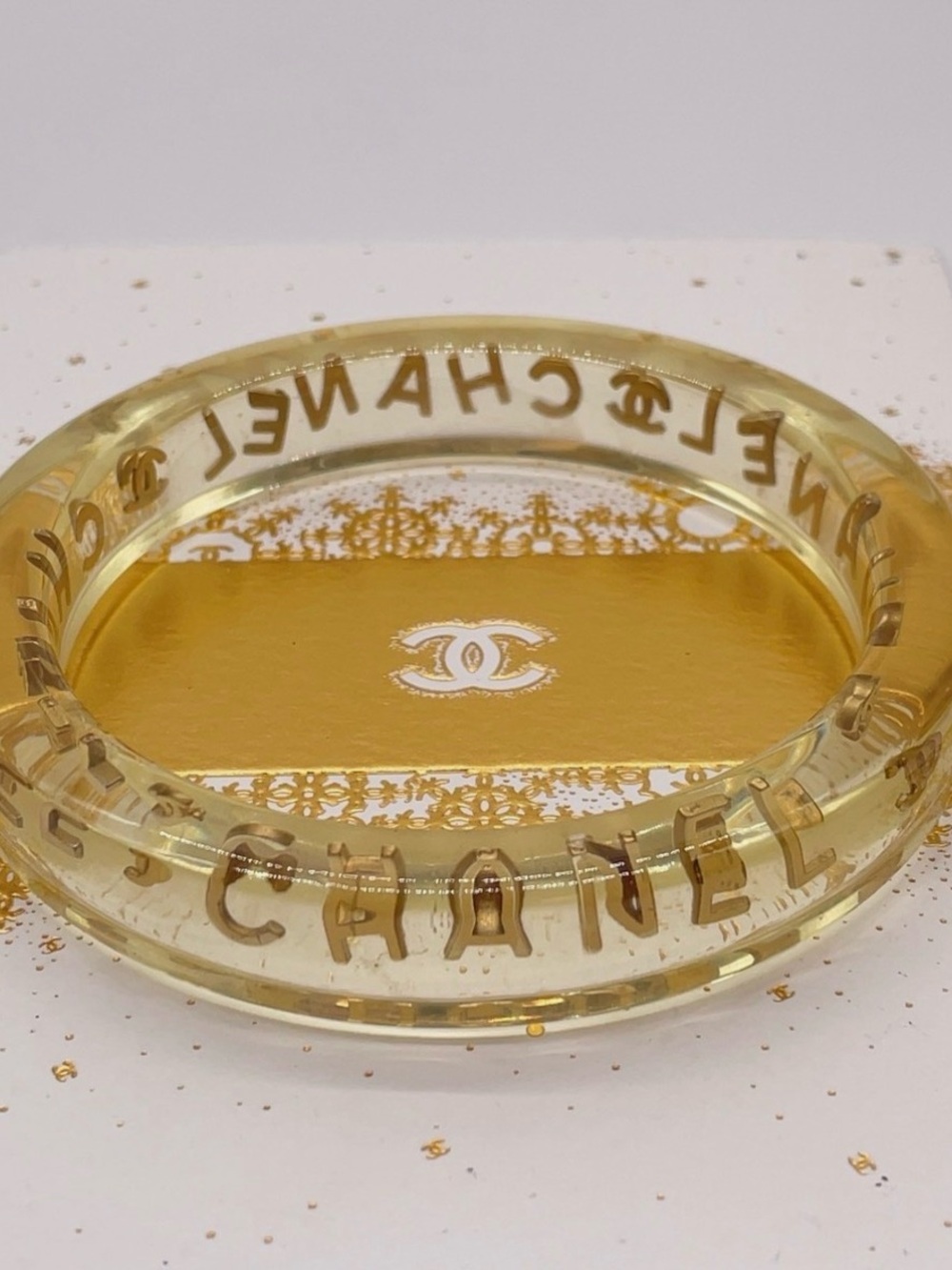 CHANEL LUCITE & Gold Letter Clear Acrylic Bangle - Picture 7 of 12